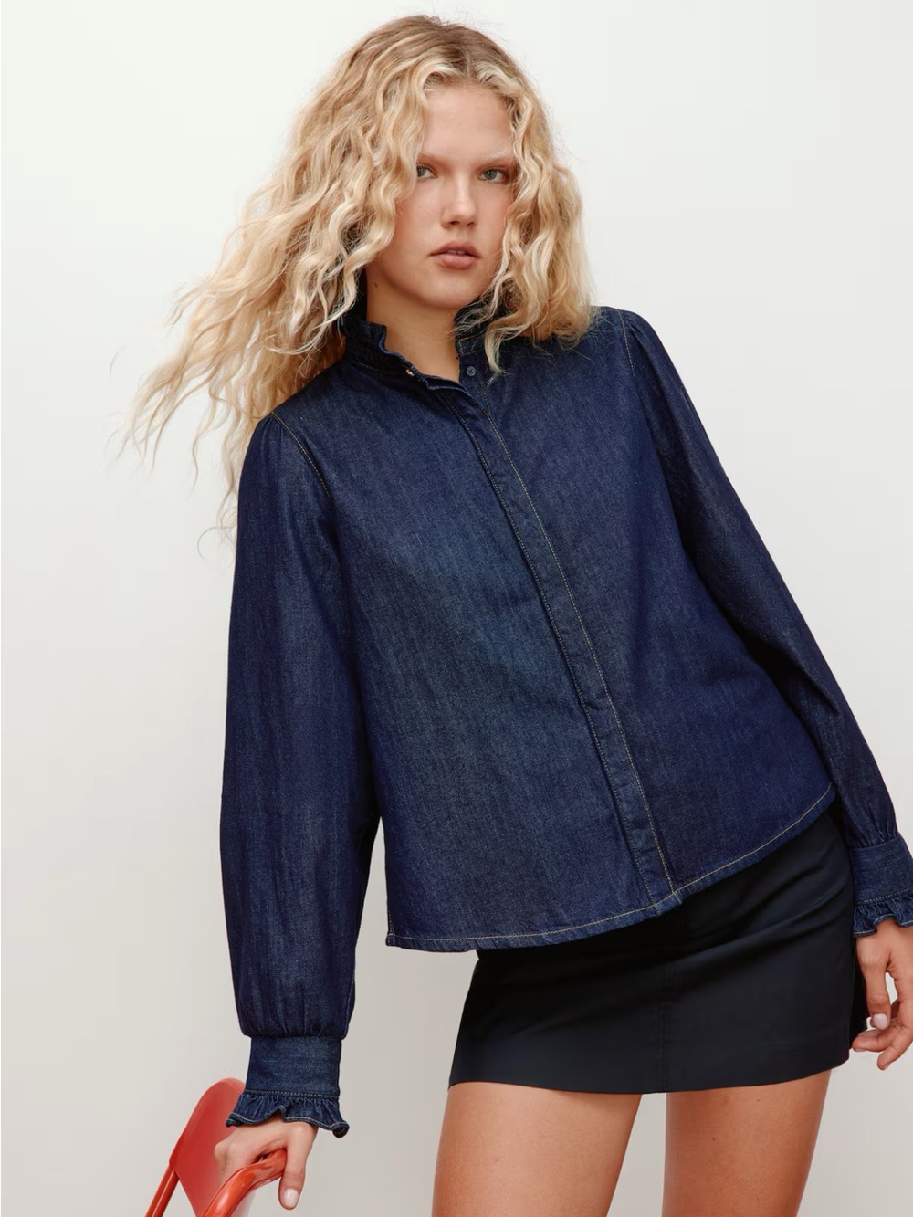 H&M Dark Indigo Denim Ruffle-Collar Shirt